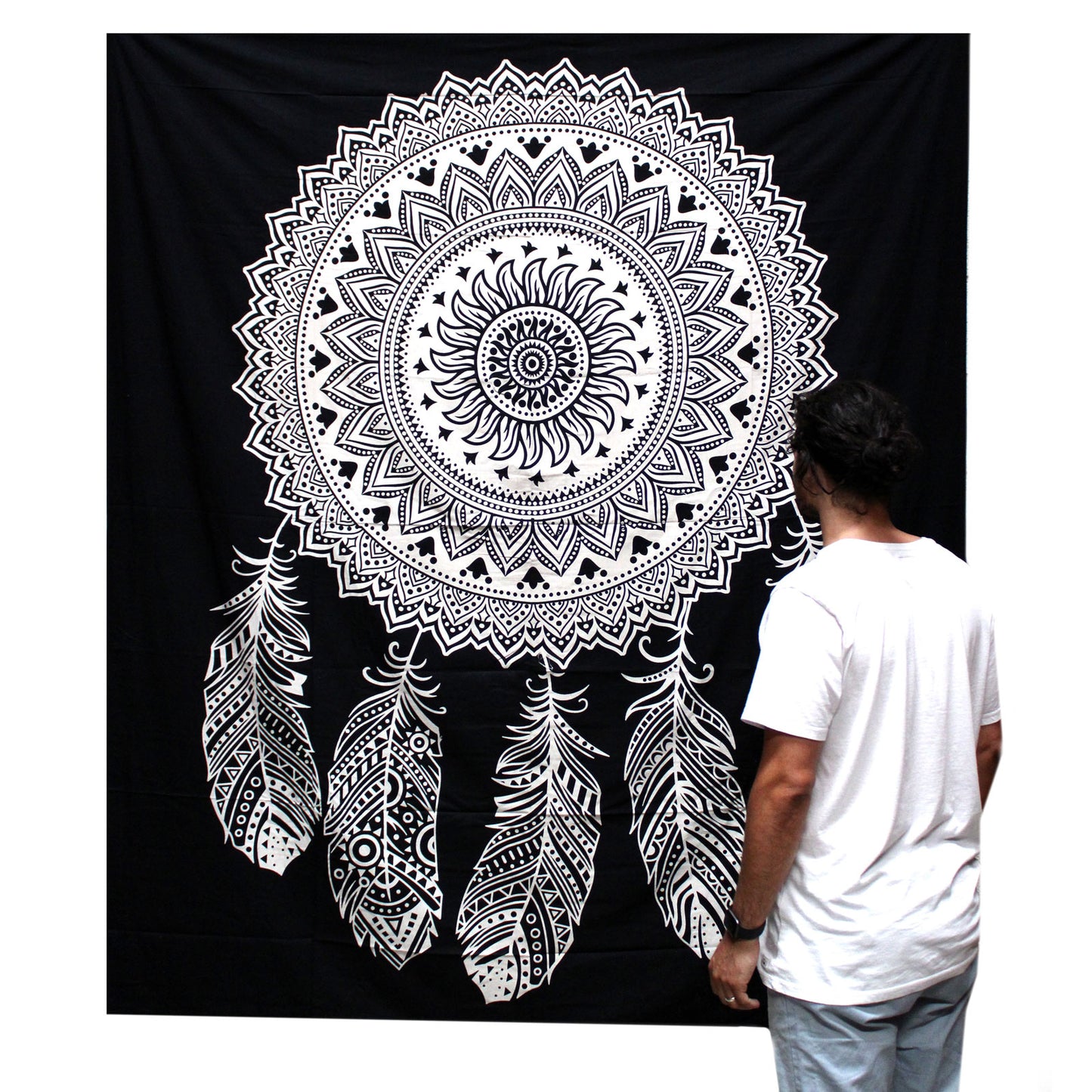 B&W Double Cotton Bedspread + Wall Hanging - Dreamcatcher - Cosmic Serenity Shop