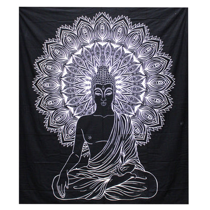 B&W Double Cotton Bedspread + Wall Hanging - Buddha - Cosmic Serenity Shop