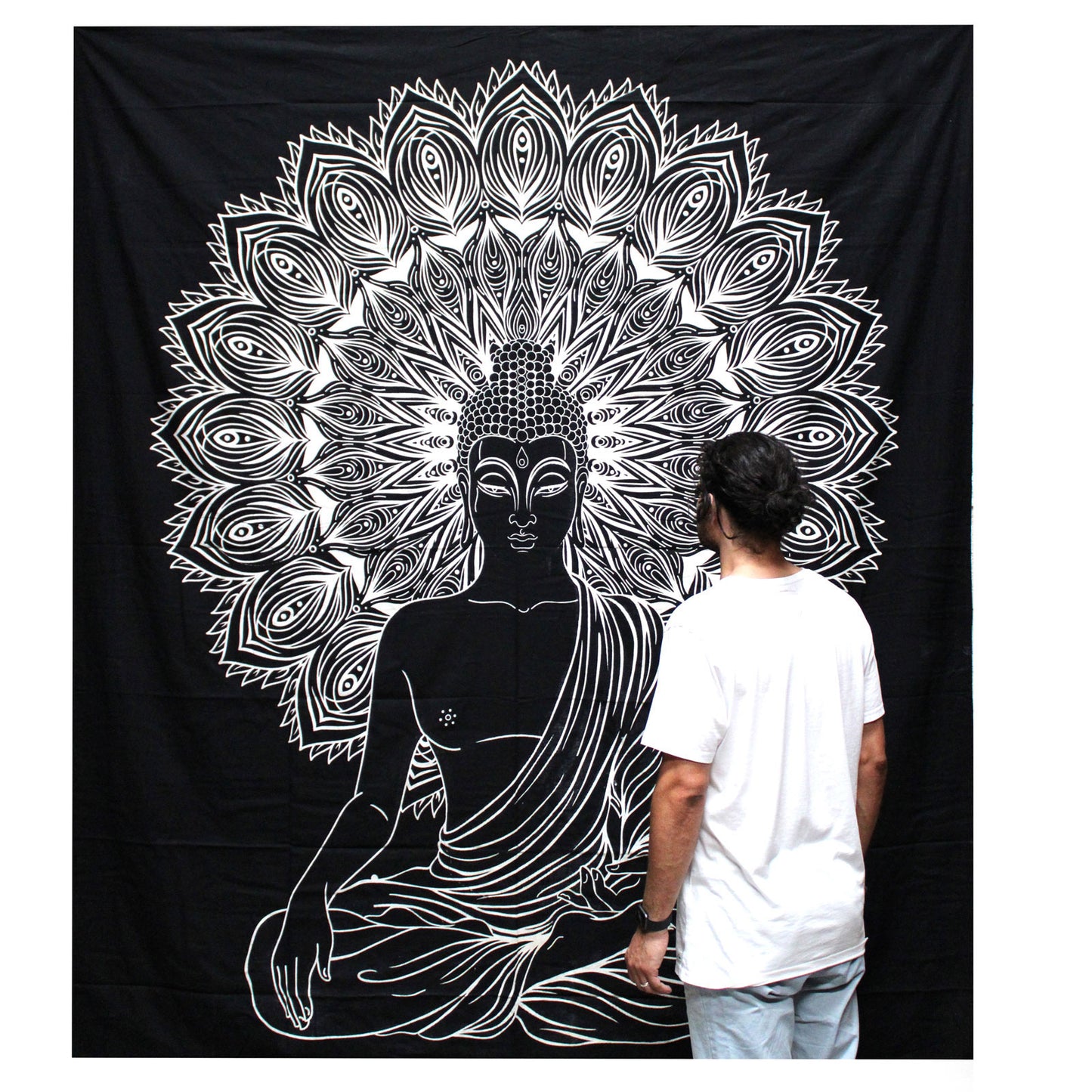 B&W Double Cotton Bedspread + Wall Hanging - Buddha - Cosmic Serenity Shop