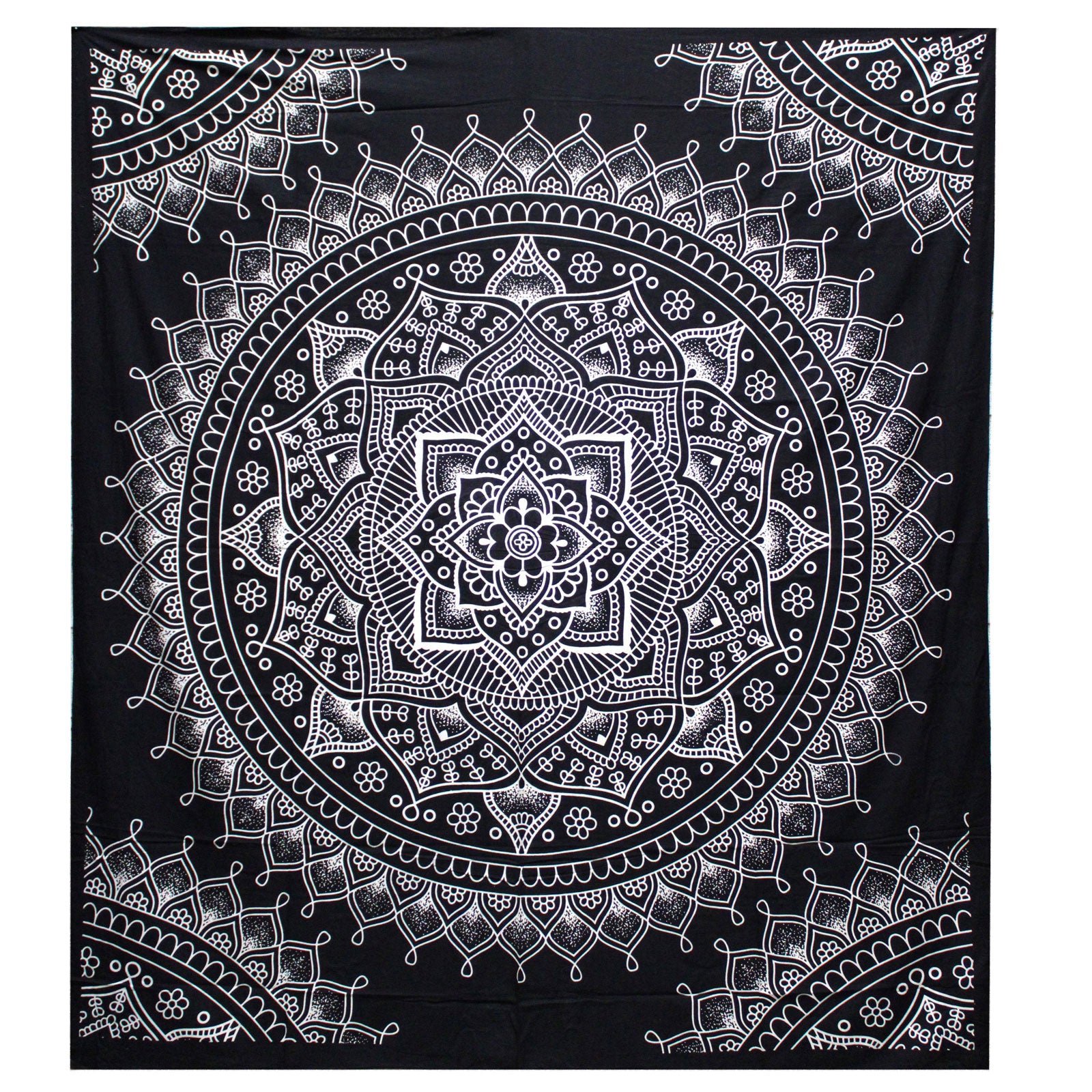 B&W Double Cotton Bedspread + Wall Hanging - Lotus Flower - Cosmic Serenity Shop