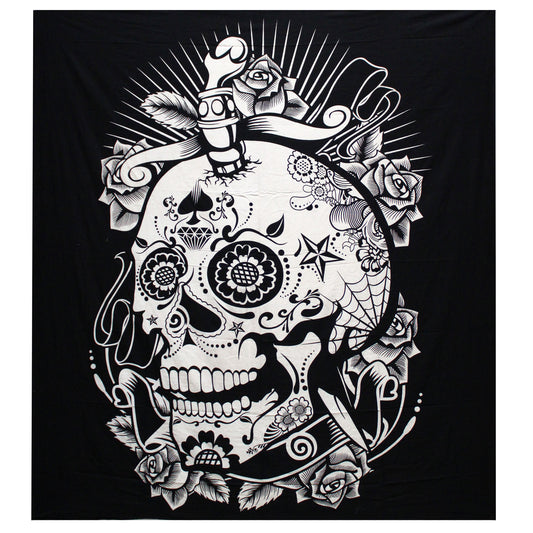 B&W Double Cotton Bedspread + Wall Hanging - Rose Skull - Cosmic Serenity Shop