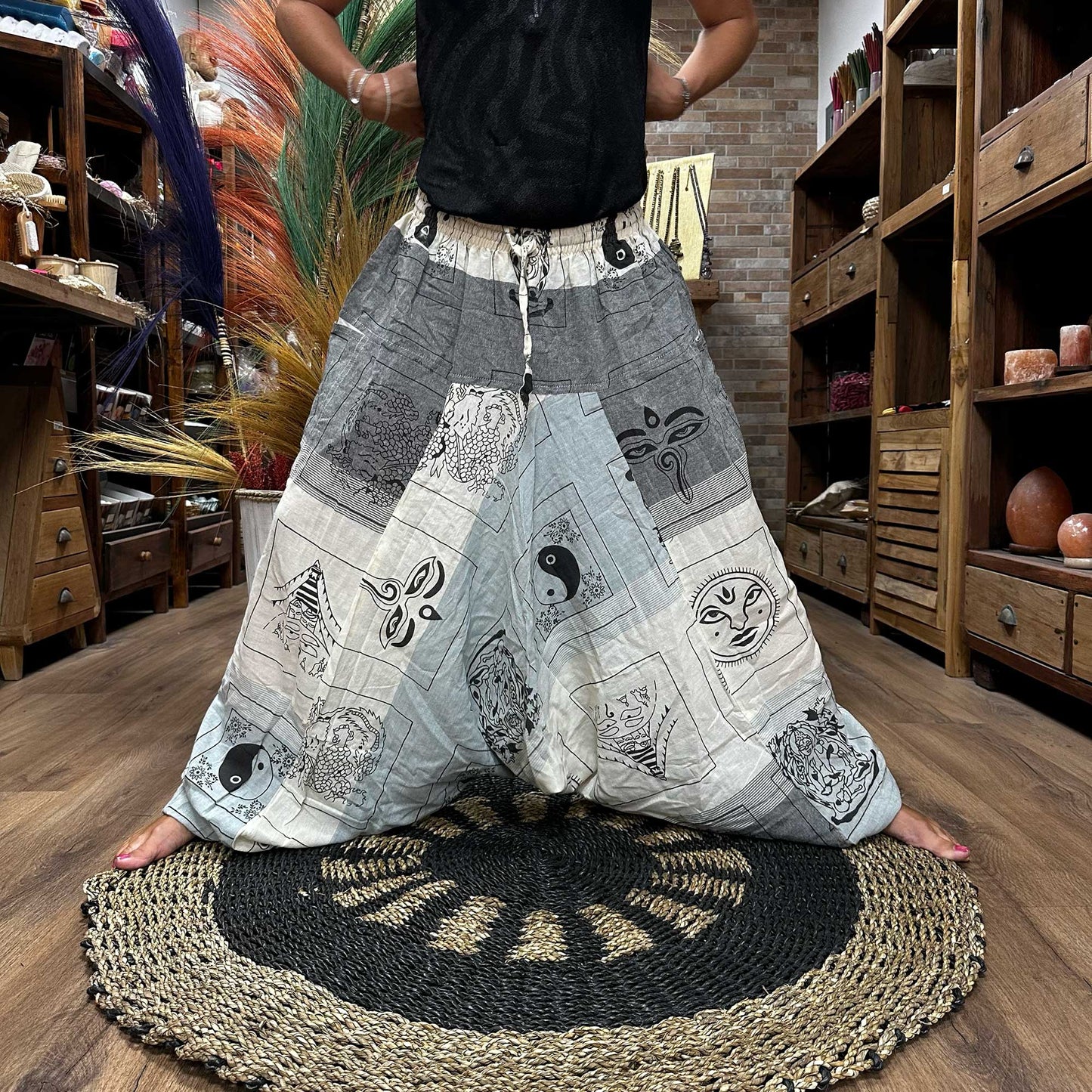 Aladdin Himalayan Print on Grey Yoga Pants - CosmicSerenityShop