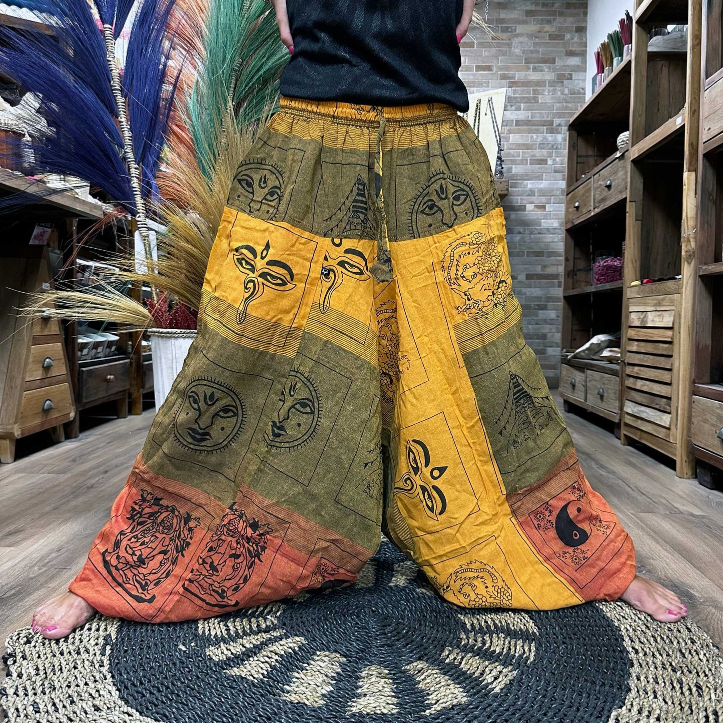 Aladdin Himalayan Print on Orange Yoga Pants - CosmicSerenityShop