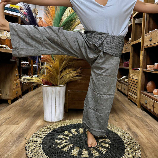 Thai Fisherman Mandala Mantra on Grey Yoga Pants - CosmicSerenityShop
