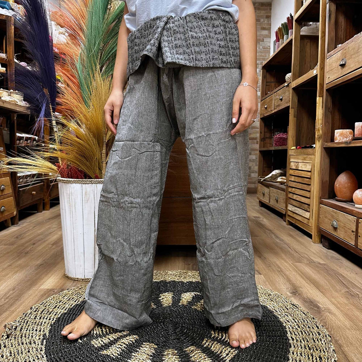 Thai Fisherman Mandala Mantra on Grey Yoga Pants - CosmicSerenityShop