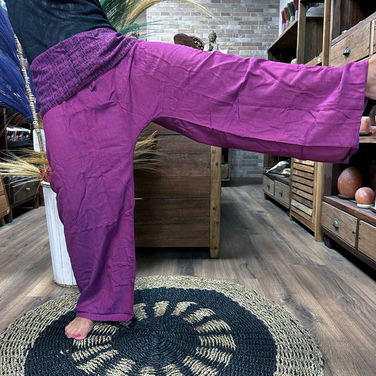 Thai Fisherman Mandala Mantra on Purple Yoga Pants - CosmicSerenityShop