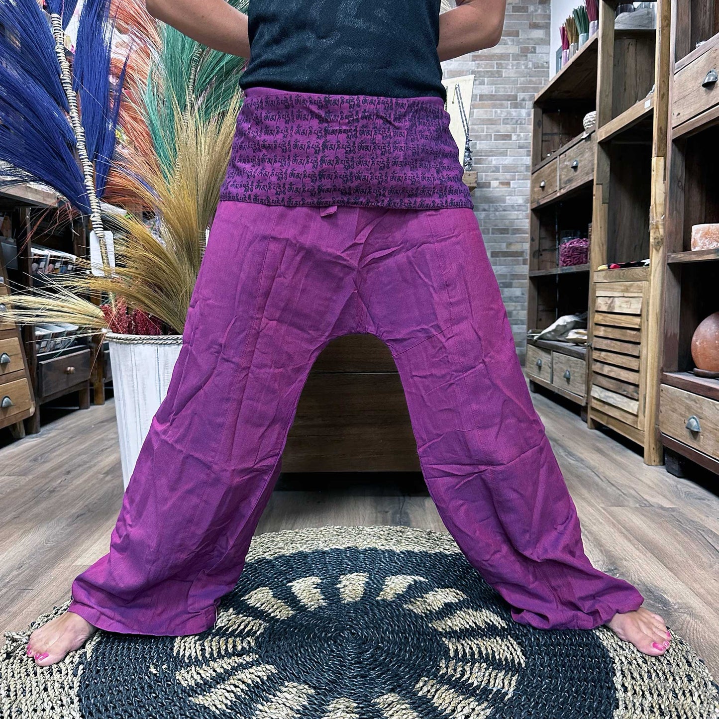 Thai Fisherman Mandala Mantra on Purple Yoga Pants - CosmicSerenityShop
