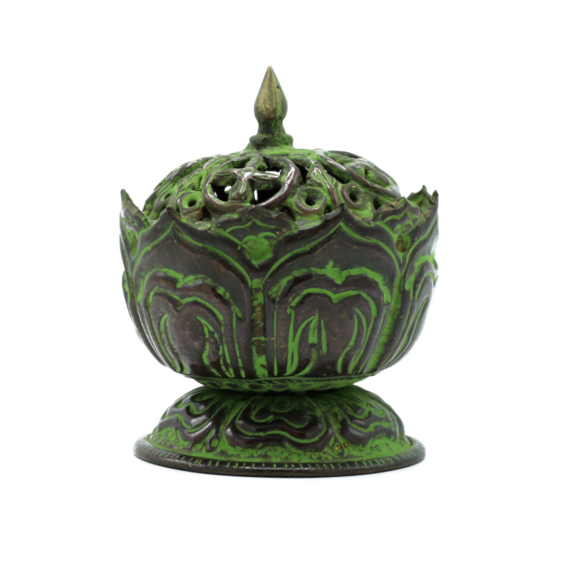 Brass Verdigris Tibetan Incense Burner - Small Lotus - Cosmic Serenity Shop