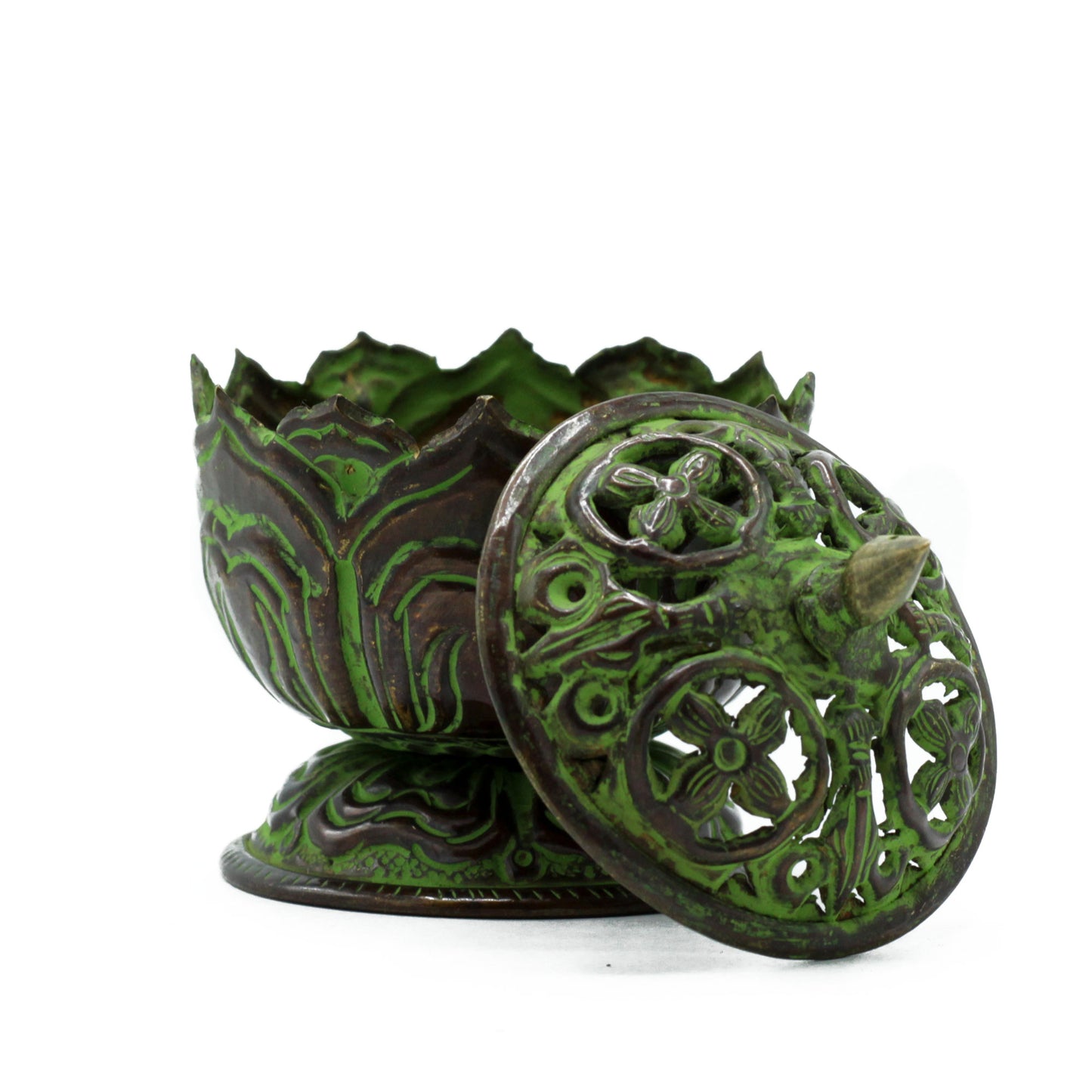 Brass Verdigris Tibetan Incense Burner - Small Lotus - Cosmic Serenity Shop