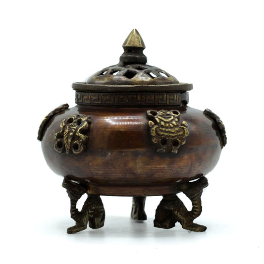 Brass Tibetan Incense Burner - Six Symbols Standing Pot - Cosmic Serenity Shop