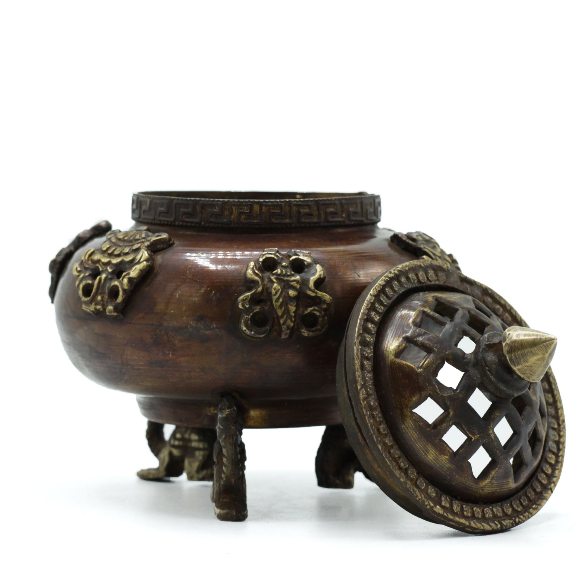Brass Tibetan Incense Burner - Six Symbols Standing Pot - Cosmic Serenity Shop