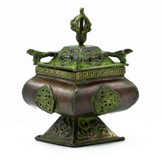 Brass Verdigris Tibetan Burner - Four Symbols Square Standing Pot - Cosmic Serenity Shop