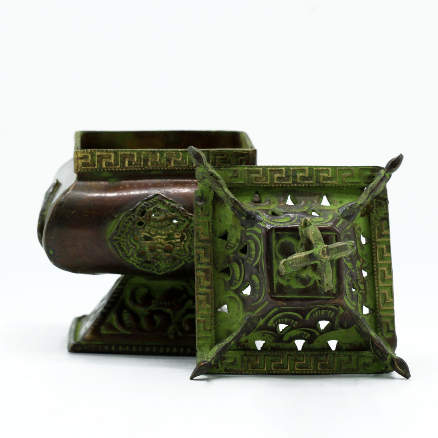 Brass Verdigris Tibetan Burner - Four Symbols Square Standing Pot - Cosmic Serenity Shop