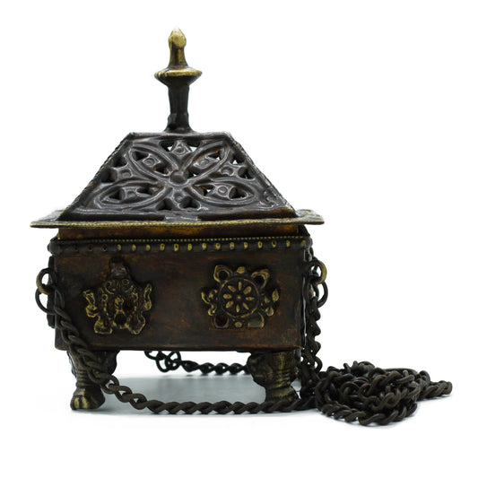 Brass Tibetan Incense Burner - Eight Symbols Square Hanging Pot - Cosmic Serenity Shop