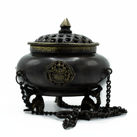 Large Brass Tibetan Incense Burner - Four Symbol Hanging Pot - Cosmic Serenity Shop