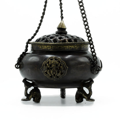 Large Brass Tibetan Incense Burner - Four Symbol Hanging Pot - Cosmic Serenity Shop