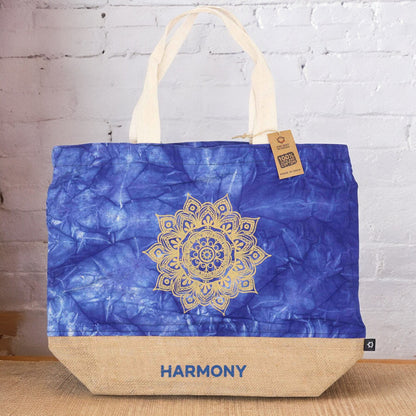 All Natural Jute and Cotton Bag - Blue Stonewash - Mandala - Harmony - Cosmic Serenity Shop