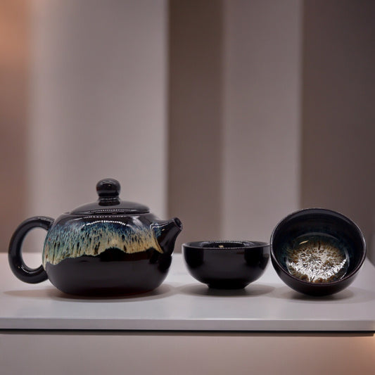 Herbal Black Glaze Teapot Set - Pot & Two Cups - Cosmic Serenity Shop