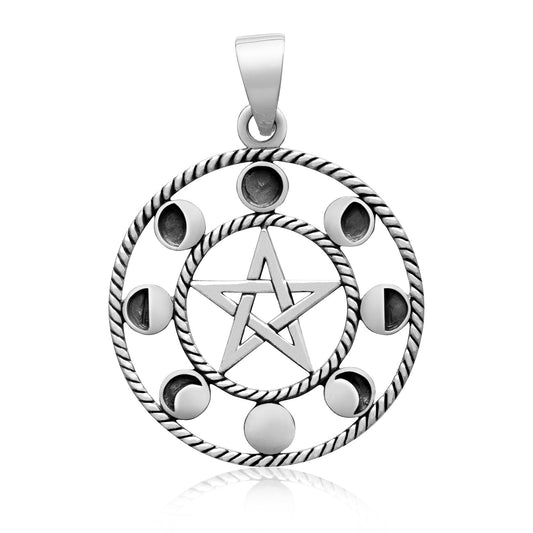 Sterling Silver 8 Moon Phases Pendant with Pentagram - CosmicSerenityShop.com