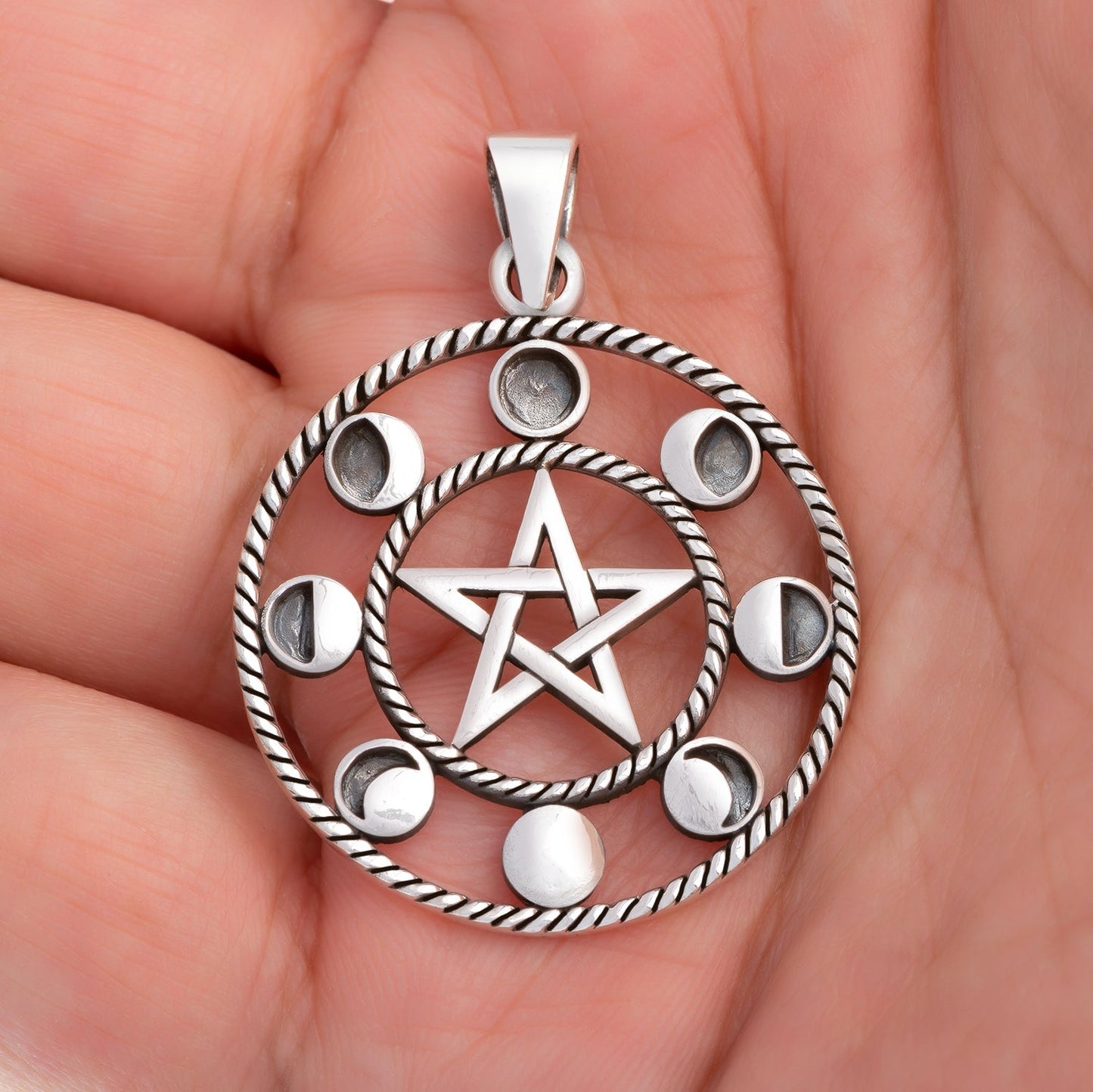 Sterling Silver 8 Moon Phases Pendant with Pentagram - CosmicSerenityShop.com