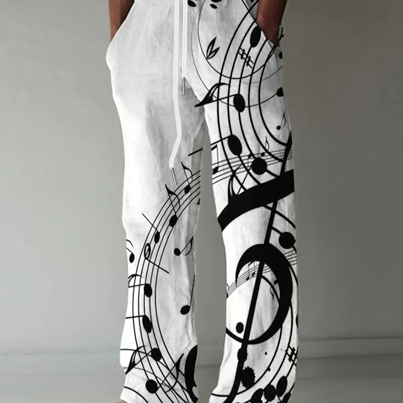 Men's Drawstring Wide Leg Pants, Musical Note Pattern - Cosmic Serenity Shop