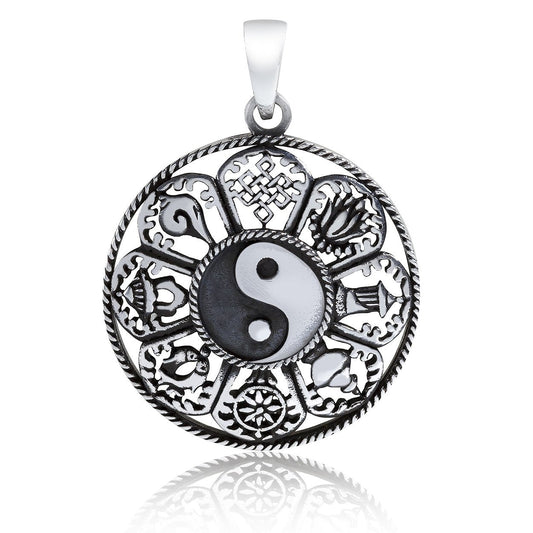 925 Sterling Silver Yin Yang Ashtamangala Hindu Tibetan Buddhism Pendant - CosmicSerenityShop.com