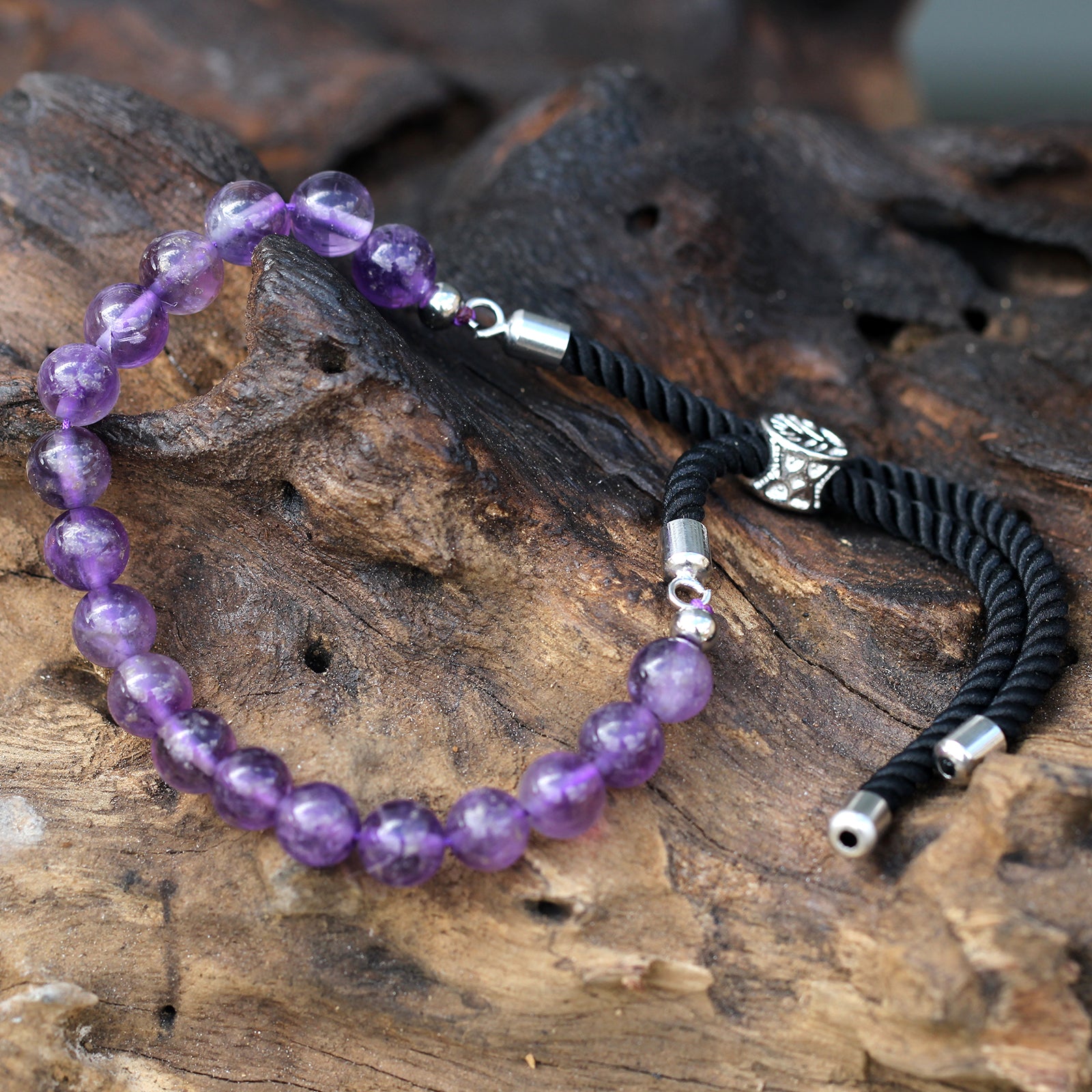 925 Silver Plated Gemstone Black String Bracelet - Amethyst - Cosmic Serenity
