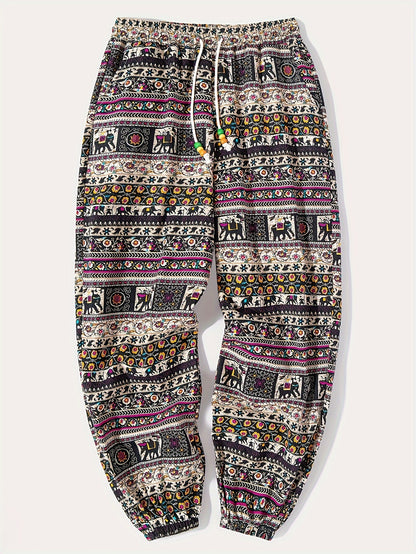 100% Cotton Mens Ethnic Print Pants, Relaxed Fit - Cosmic Serenity Shop