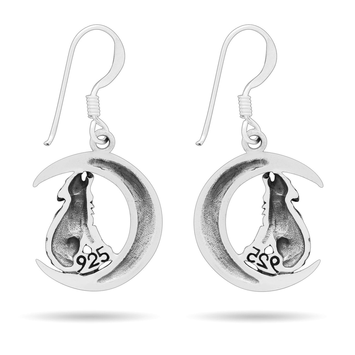 925 Sterling Silver Viking Wolf on Crescent Moon Earrings - CosmicSerenityShop.com