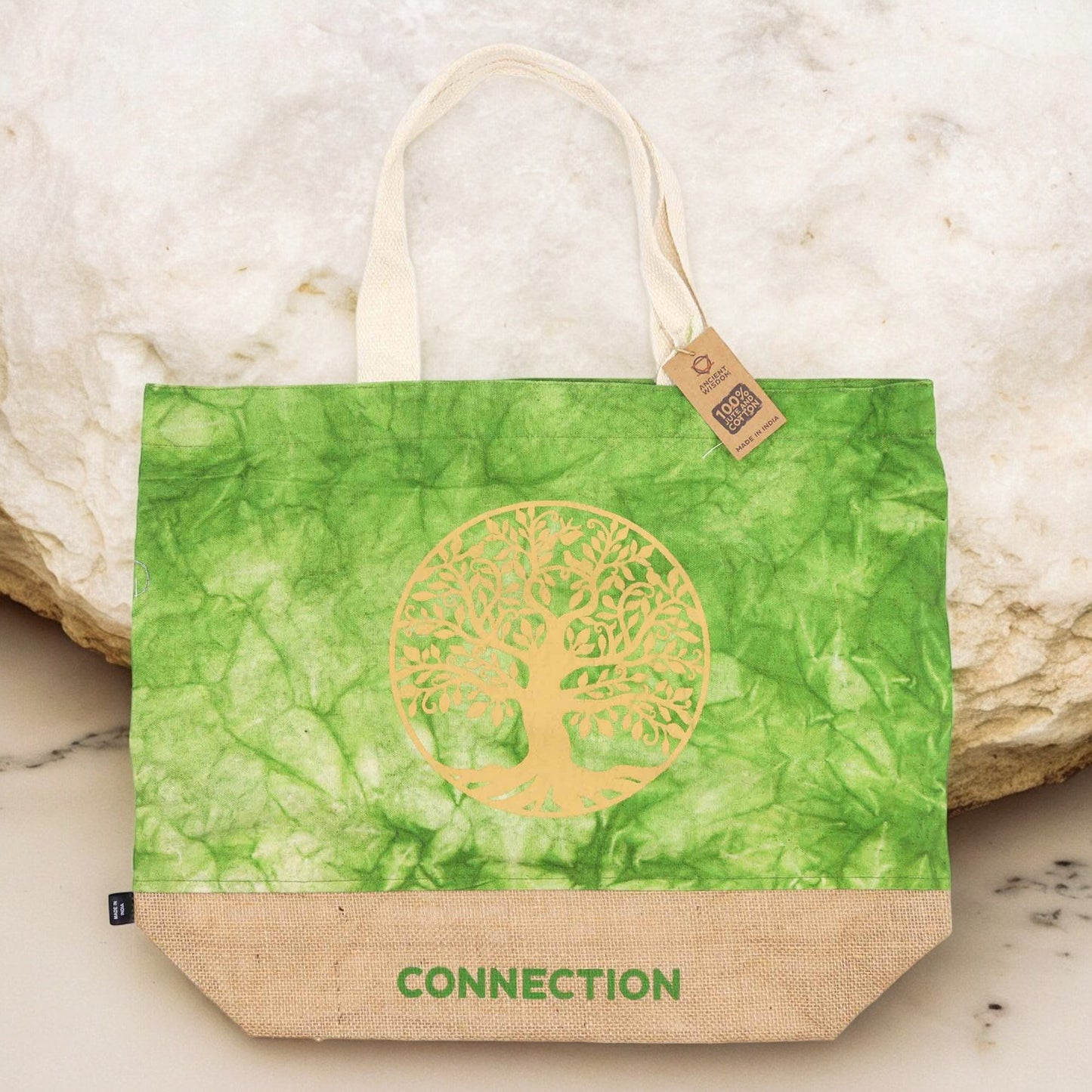 All Natural Jute and Cotton Bag - Green Stonewash - Tree of Life - Connection - Cosmic Serenity Shop