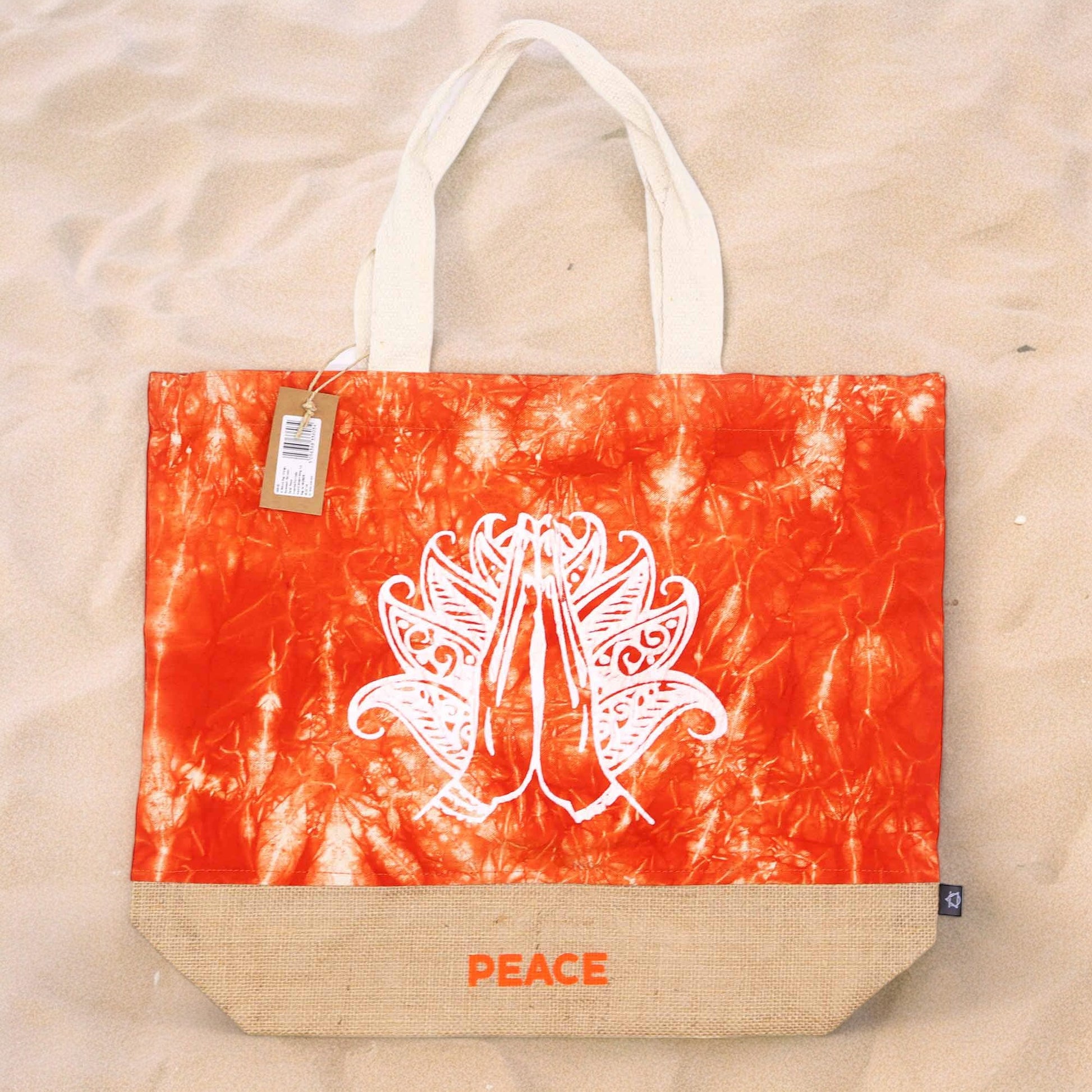 All Natural Jute and Cotton Bag - Orange Stonewash - Namaste Hand - Peace - Cosmic Serenity Shop