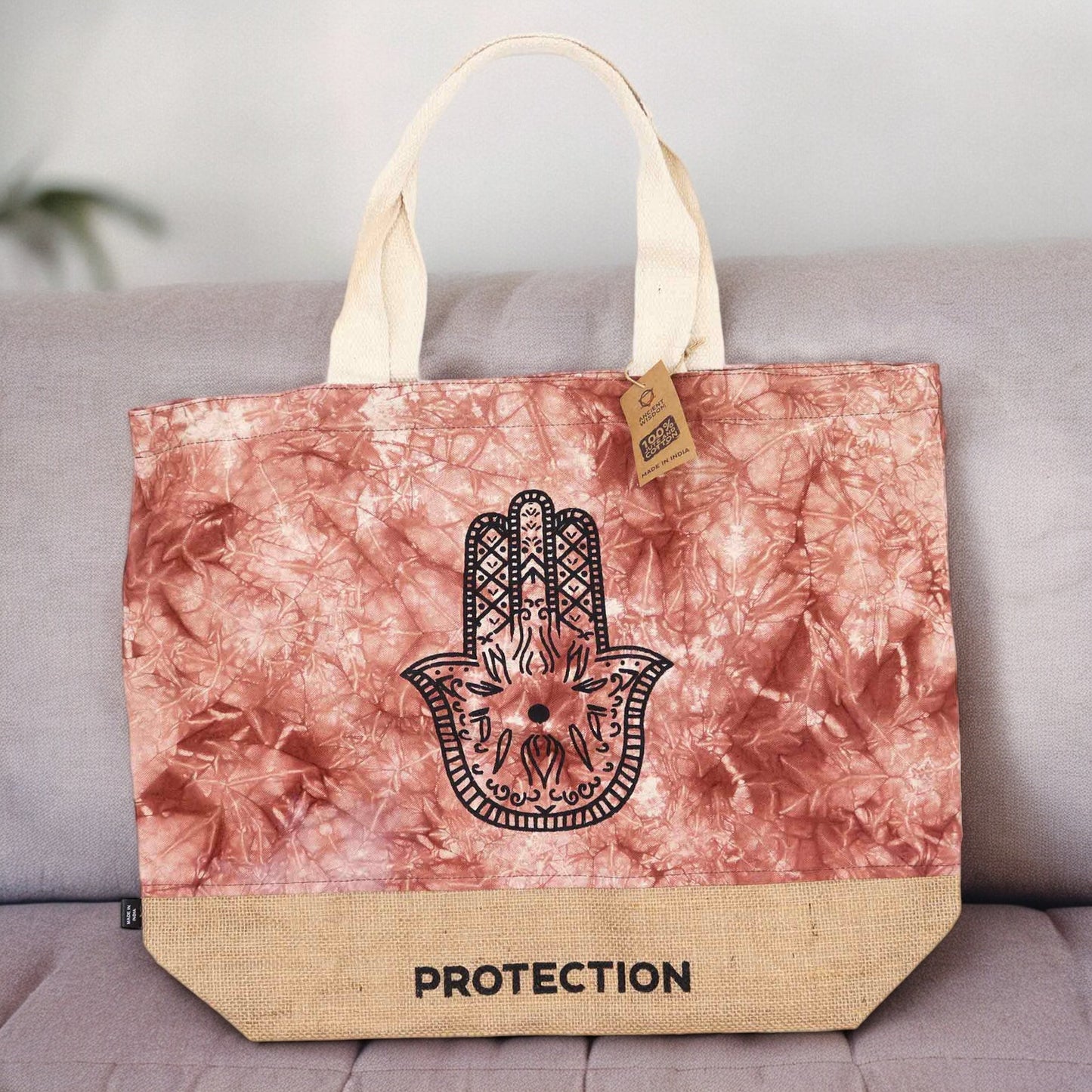 All Natural Jute and Cotton Bag - Terra Cotta Stonewash - Hamsa - Protection - Cosmic Serenity Shop