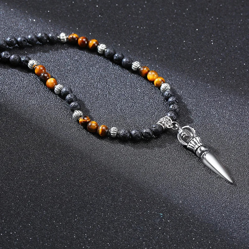 Tibetan Buddhist Phurba Dagger w Tiger's Eye Lava Stone Necklace for Men - CosmicSerenityShop