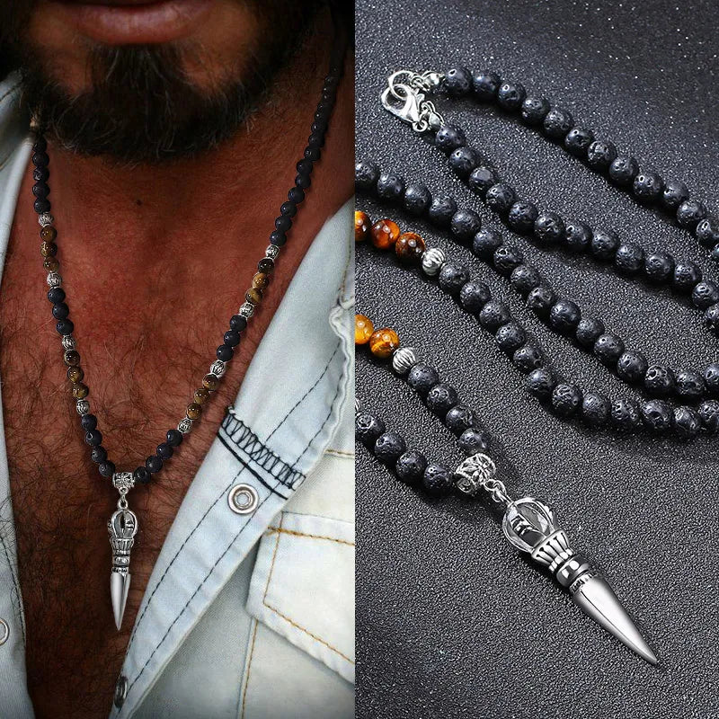 Tibetan Buddhist Phurba Dagger w Tiger's Eye Lava Stone Necklace for Men - CosmicSerenityShop