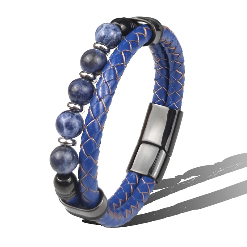 Bead Stone Men's Bracelet with Genuine Leather - Cosmic Serenity Shop
