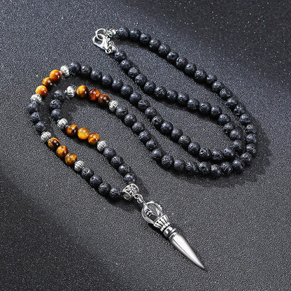 Tibetan Buddhist Phurba Dagger w Tiger's Eye Lava Stone Necklace for Men - CosmicSerenityShop