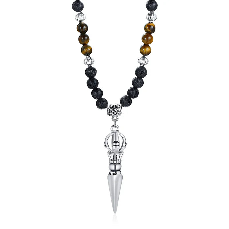 Tibetan Buddhist Phurba Dagger w Tiger's Eye Lava Stone Necklace for Men - CosmicSerenityShop