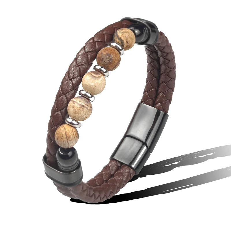 Bead Stone Men's Bracelet with Genuine Leather - Cosmic Serenity Shop