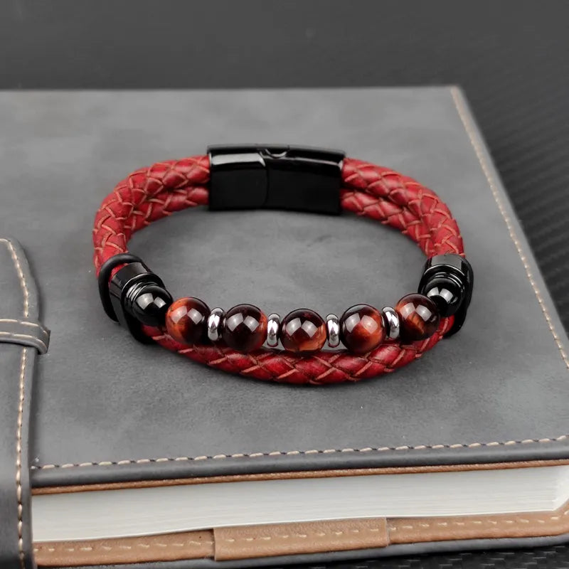 Men's Bead Stone Bracelet with Genuine Leather