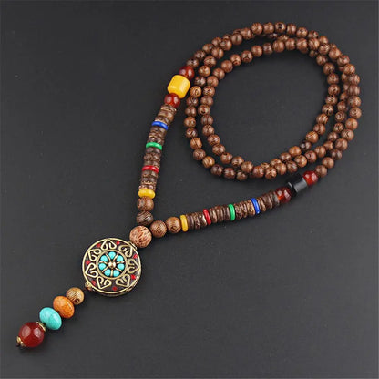 Handmade Ethnic Buddhist Mala Wooden Bead Pendant Necklace - Cosmic Serenity Shop