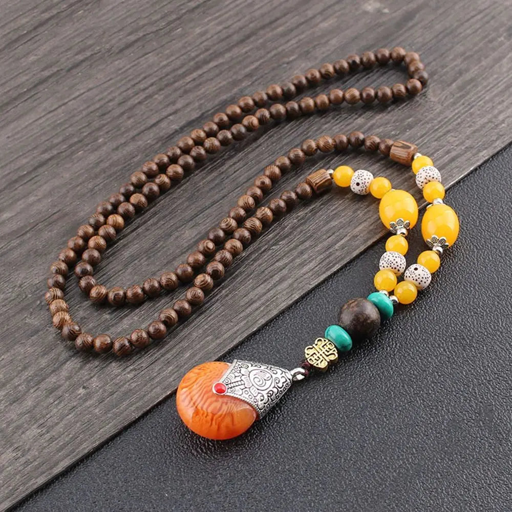 Handmade Ethnic Buddhist Mala Wooden Bead Pendant Necklace - Cosmic Serenity Shop