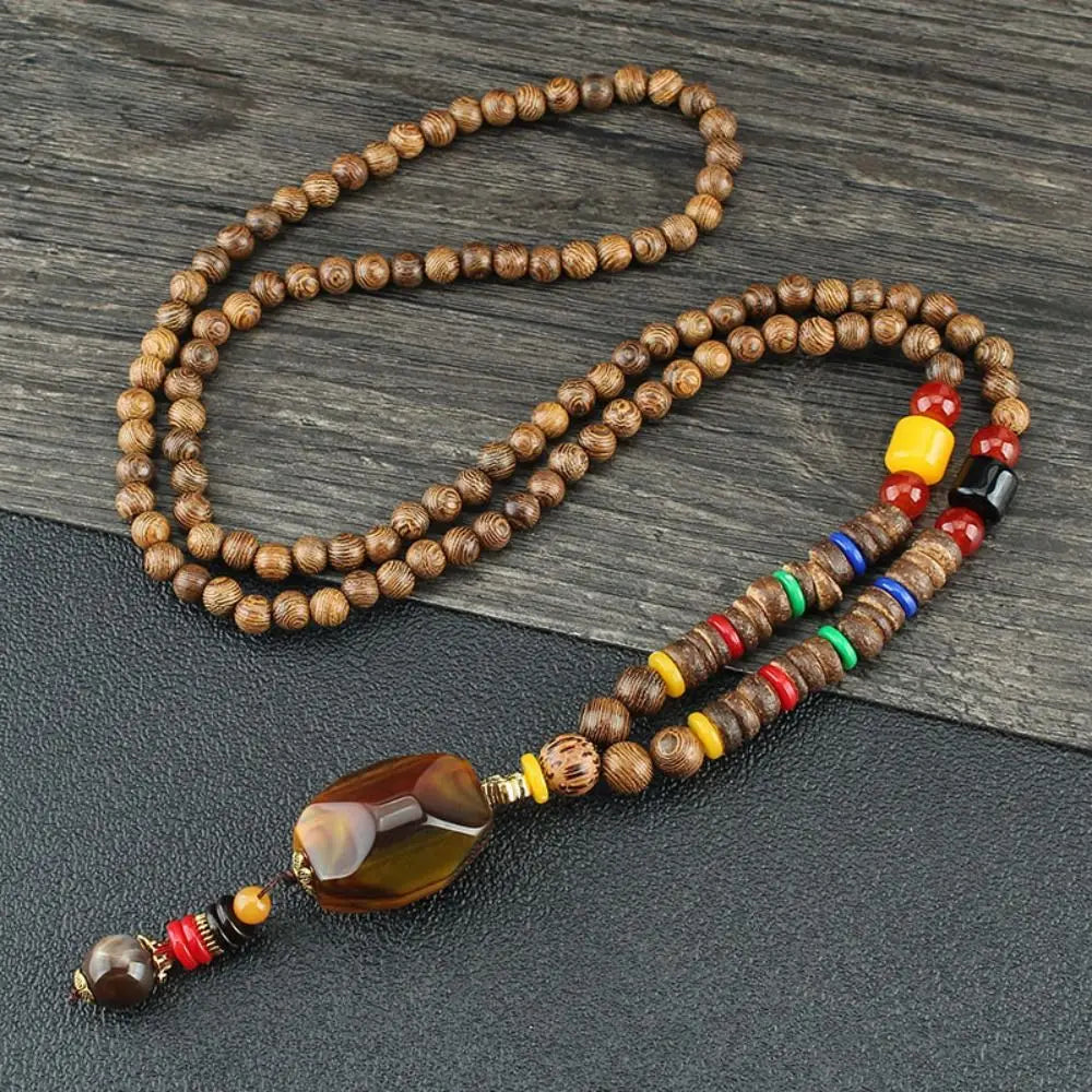 Handmade Ethnic Buddhist Mala Wooden Bead Pendant Necklace - Cosmic Serenity Shop