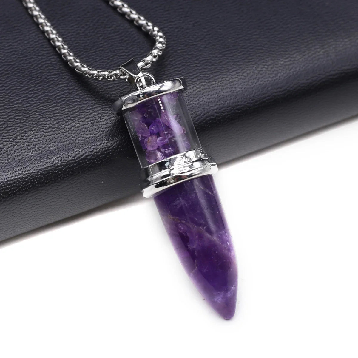 Bullet Shape Natural Stone Crystal Gravel Necklace Pendant - Amethyst - Cosmic Serenity Shop