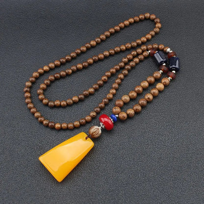 Handmade Ethnic Buddhist Mala Wooden Bead Pendant Necklace - Cosmic Serenity Shop