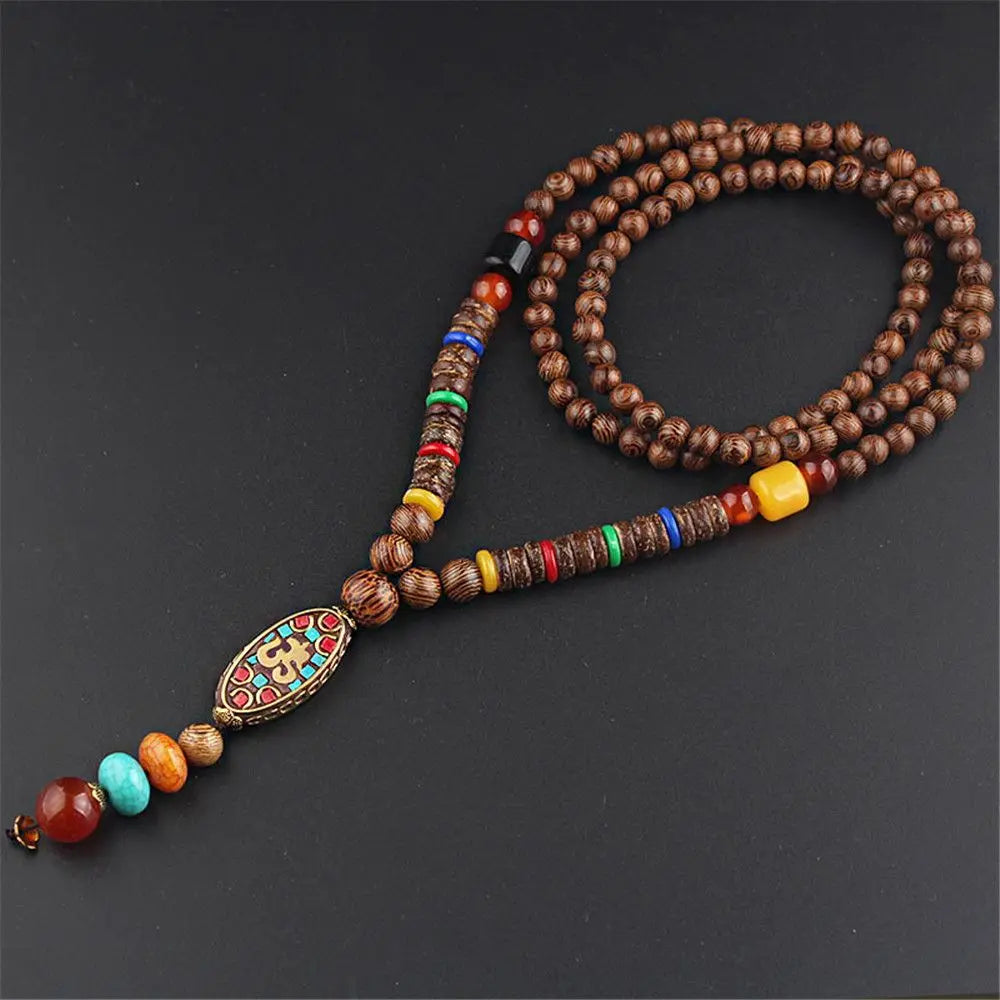 Handmade Ethnic Buddhist Mala Wooden Bead Pendant Necklace - Cosmic Serenity Shop