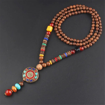 Handmade Ethnic Buddhist Mala Wooden Bead Pendant Necklace - Cosmic Serenity Shop