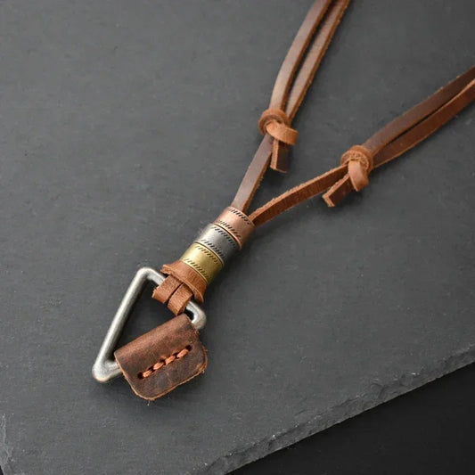 Handmade Vintage Leather Triangle Pendant Necklace for Men - Cosmic Serenity Shop
