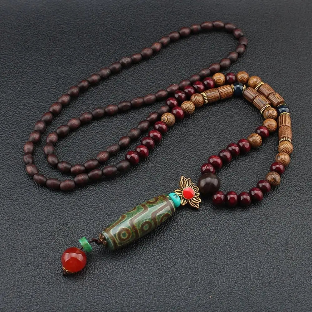 Handmade Ethnic Buddhist Mala Wooden Bead Pendant Necklace - Cosmic Serenity Shop