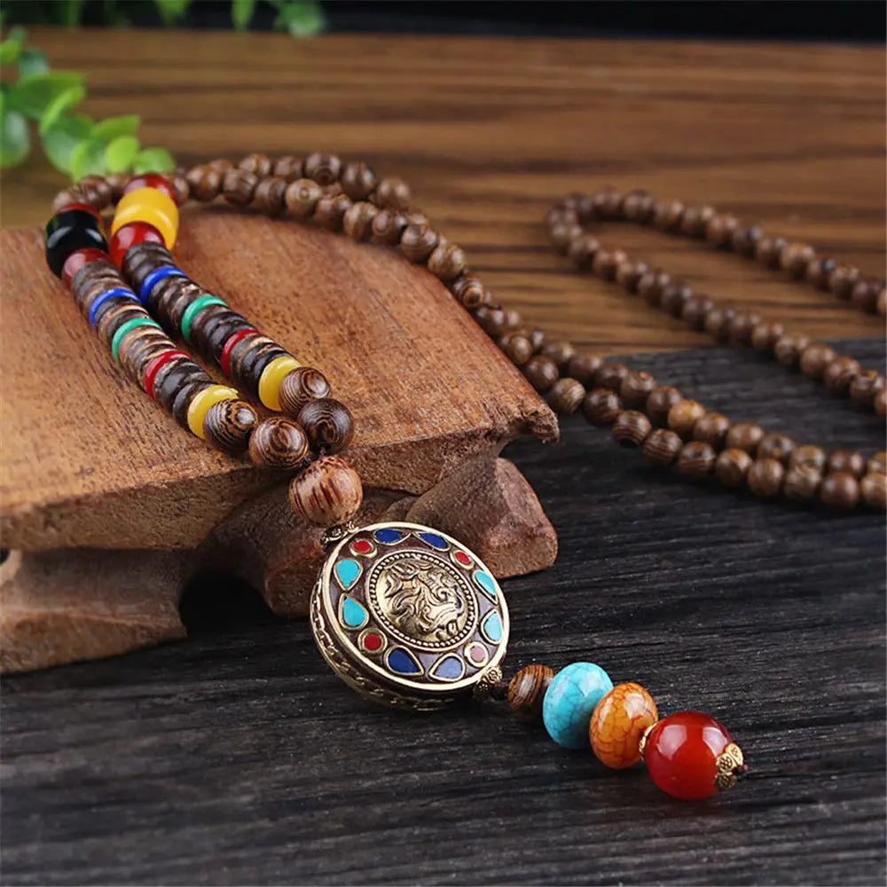 Handmade Ethnic Buddhist Mala Wooden Bead Pendant Necklace - Cosmic Serenity Shop