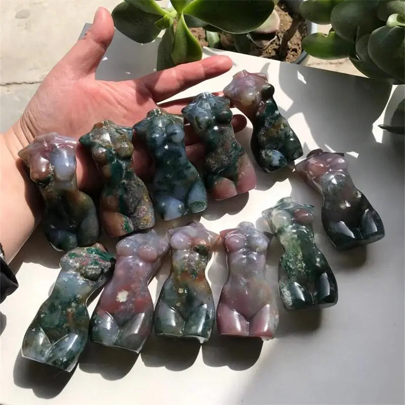 Natural Moss Agate Crystal Goddess Statue Figures - Cosmic Serenity Shop